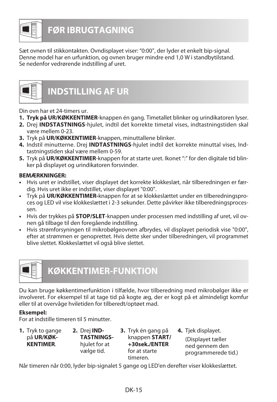 Før ibrugtagning indstilling af ur, Køkkentimer-funktion | Sharp R-222STWE Four à micro-ondes solo User Manual | Page 162 / 246