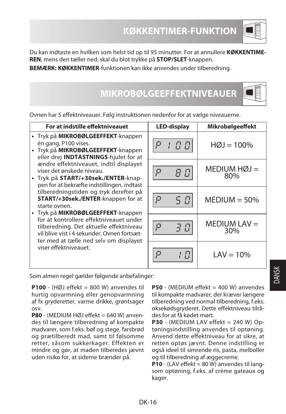 Mikrobølgeeffektniveauer, Køkkentimer-funktion, Dansk | Sharp R-222STWE Four à micro-ondes solo User Manual | Page 163 / 246