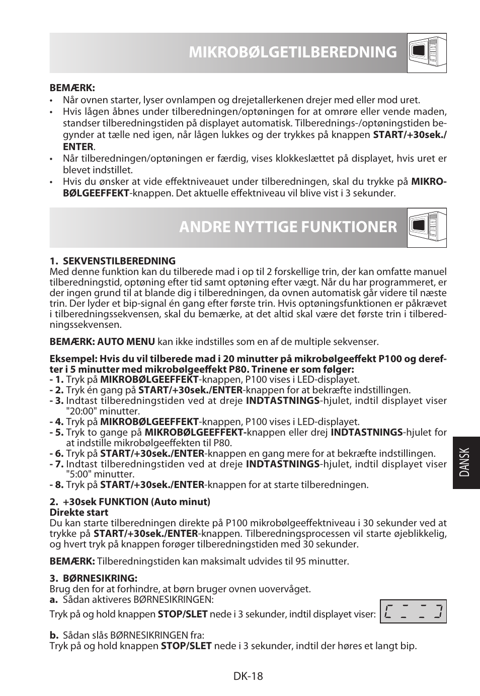 Mikrobølgetilberedning, Andre nyttige funktioner, Da ns k | Sharp R-222STWE Four à micro-ondes solo User Manual | Page 165 / 246