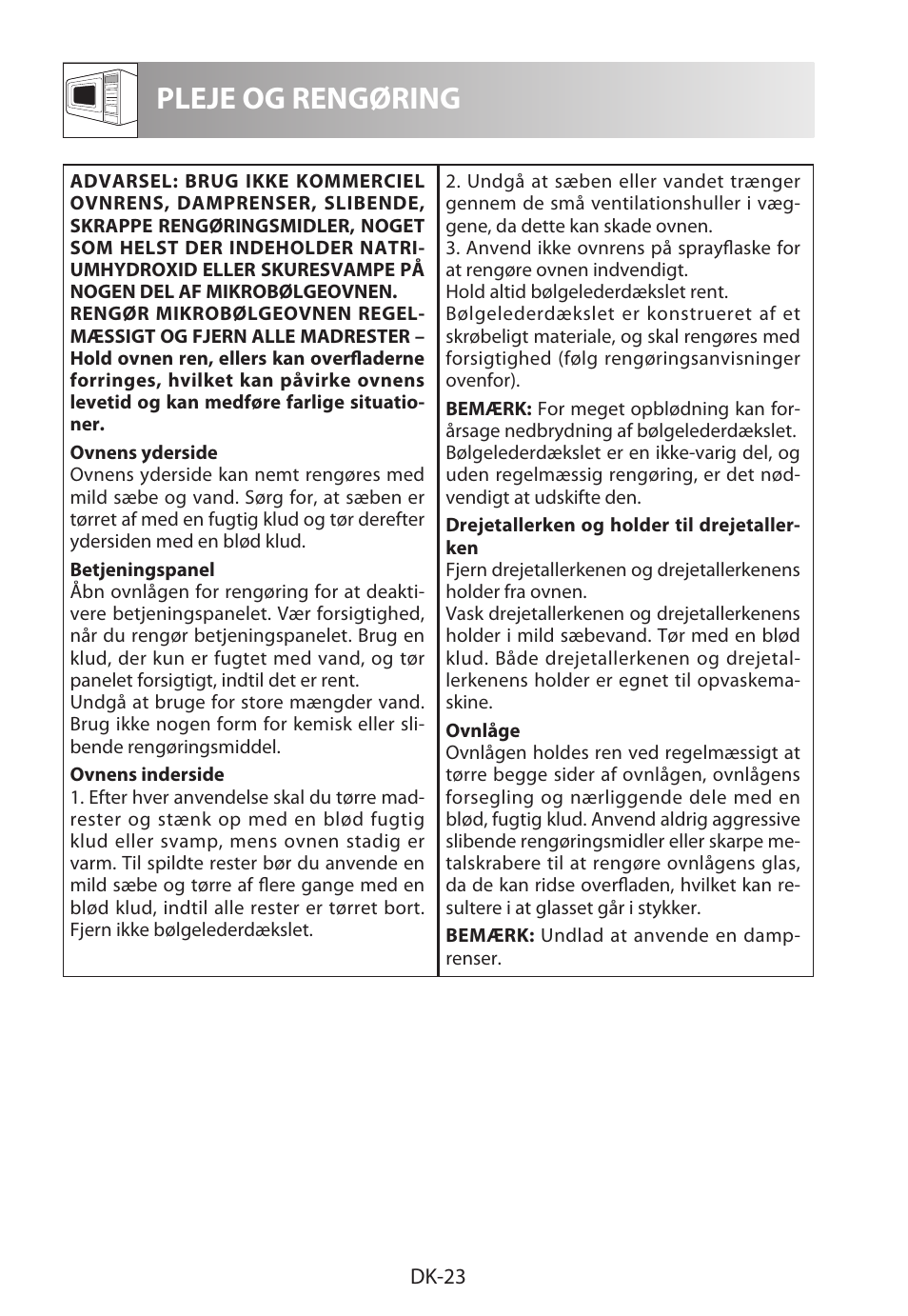 Pleje og rengøring | Sharp R-222STWE Four à micro-ondes solo User Manual | Page 170 / 246
