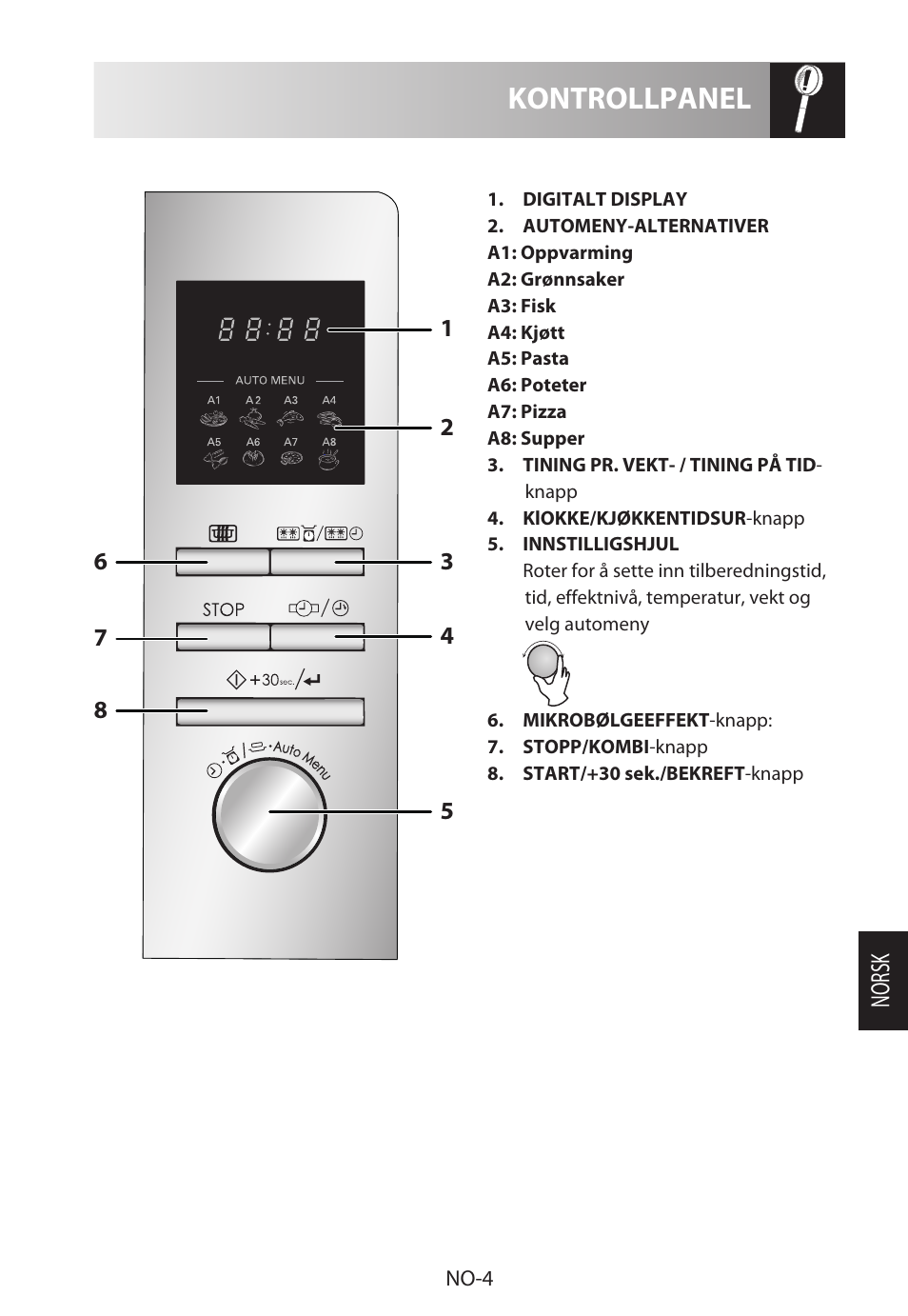 Kontrollpanel, Norsk | Sharp R-222STWE Four à micro-ondes solo User Manual | Page 175 / 246