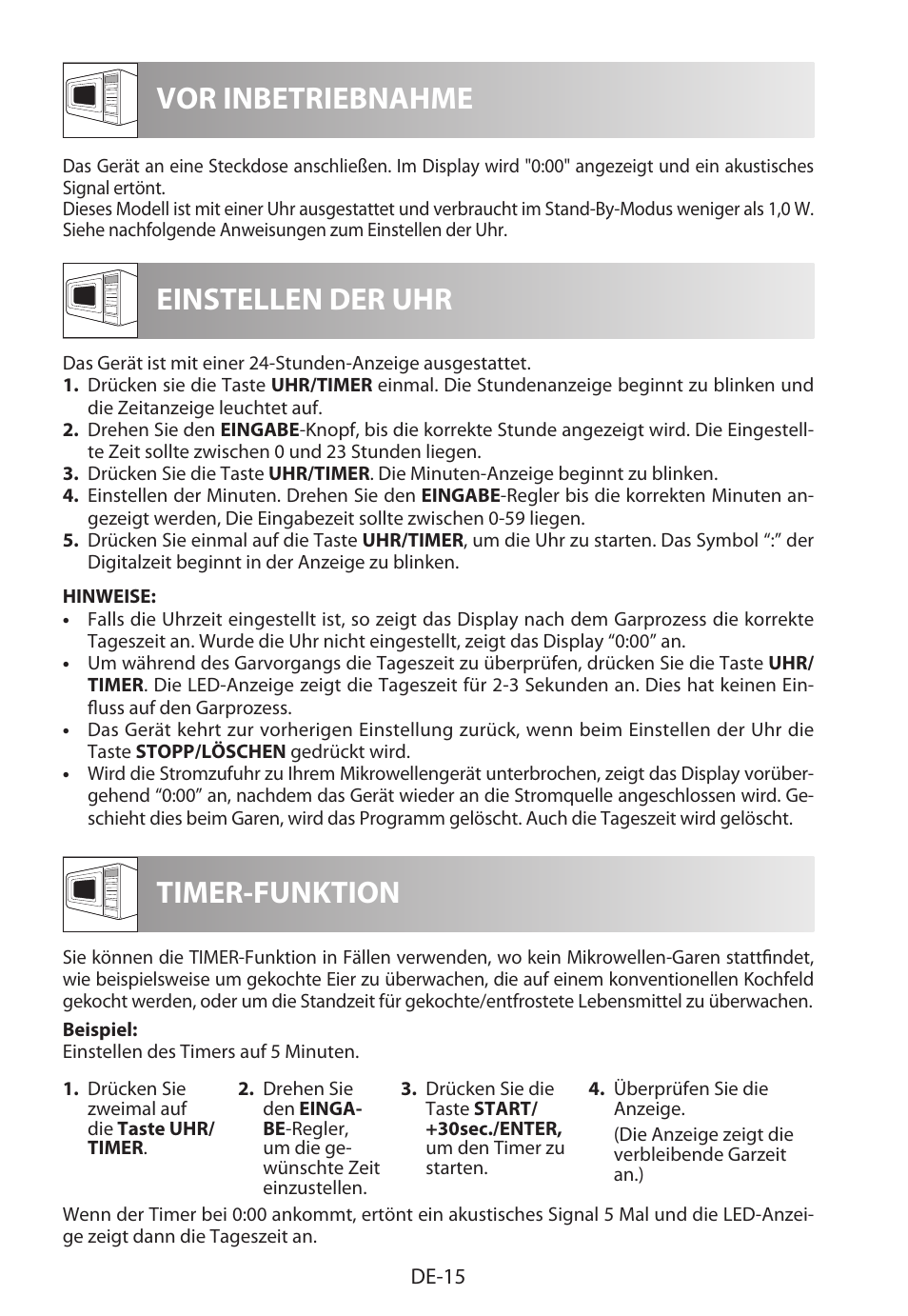 Vor inbetriebnahme einstellen der uhr, Timer-funktion | Sharp R-222STWE Four à micro-ondes solo User Manual | Page 18 / 246