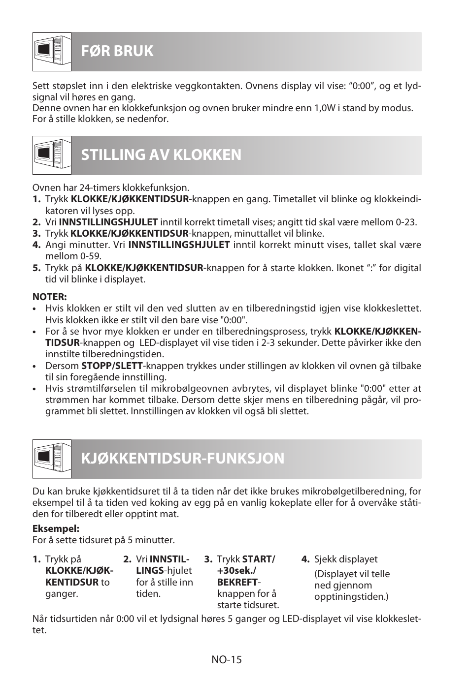 Før bruk stilling av klokken, Kjøkkentidsur-funksjon | Sharp R-222STWE Four à micro-ondes solo User Manual | Page 186 / 246