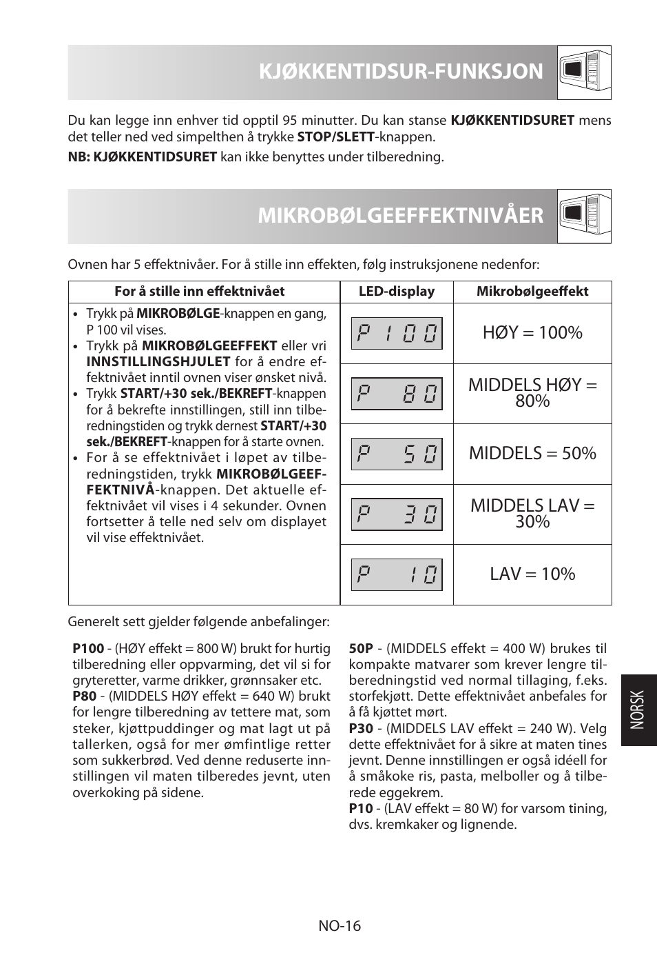 Mikrobølgeeffektnivåer, Kjøkkentidsur-funksjon, Norsk | Sharp R-222STWE Four à micro-ondes solo User Manual | Page 187 / 246