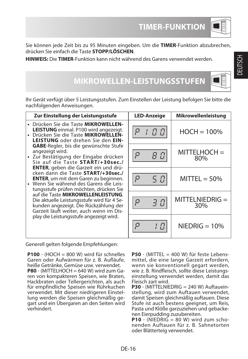 Mikrowellen-leistungsstufen, Timer-funktion, Deutsch | Sharp R-222STWE Four à micro-ondes solo User Manual | Page 19 / 246