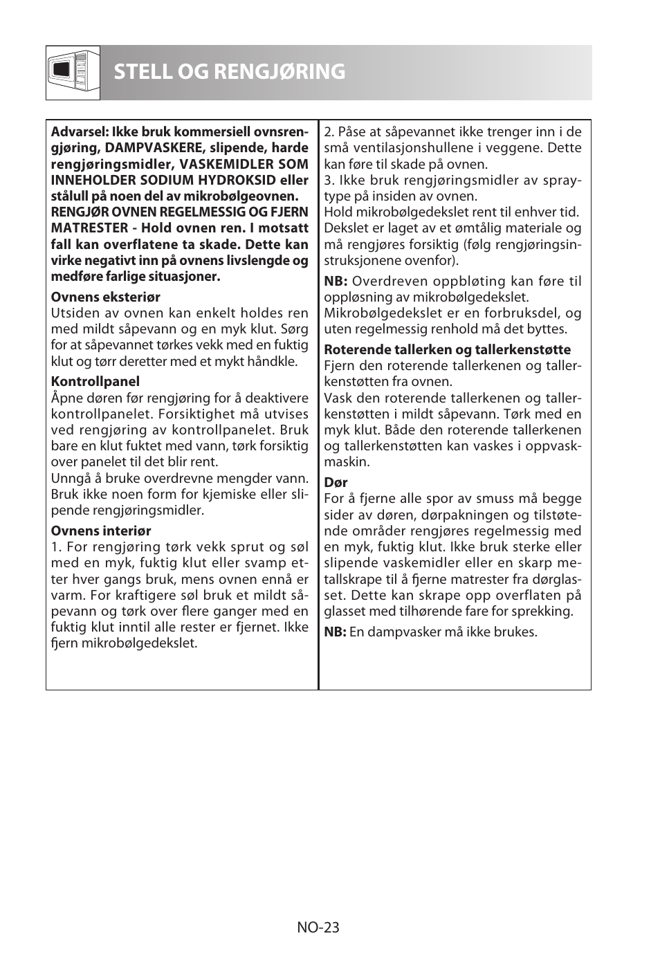 Stell og rengjøring | Sharp R-222STWE Four à micro-ondes solo User Manual | Page 194 / 246