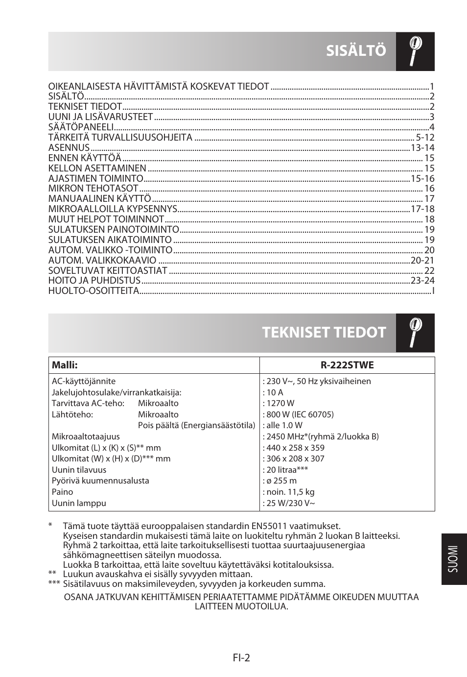 Tekniset tiedot sisältö, Suomi | Sharp R-222STWE Four à micro-ondes solo User Manual | Page 197 / 246