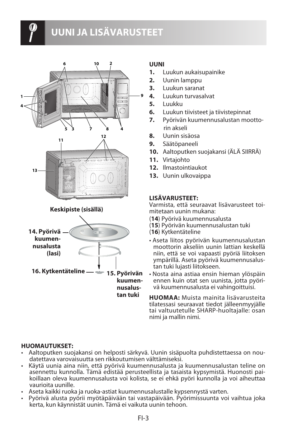 Uuni ja lisävarusteet, Fi-3 | Sharp R-222STWE Four à micro-ondes solo User Manual | Page 198 / 246