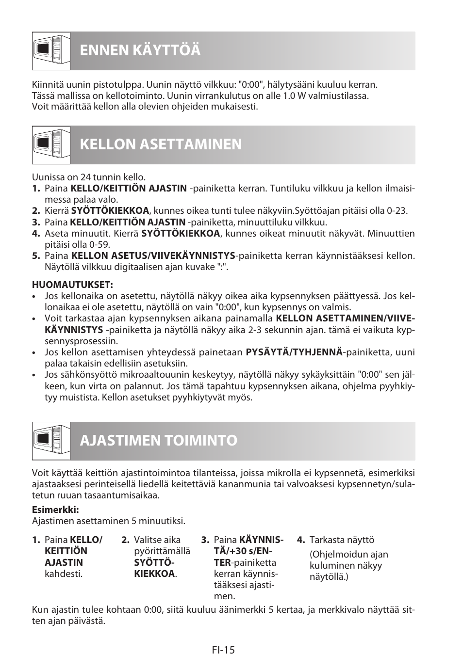 Ennen käyttöä kellon asettaminen, Ajastimen toiminto | Sharp R-222STWE Four à micro-ondes solo User Manual | Page 210 / 246