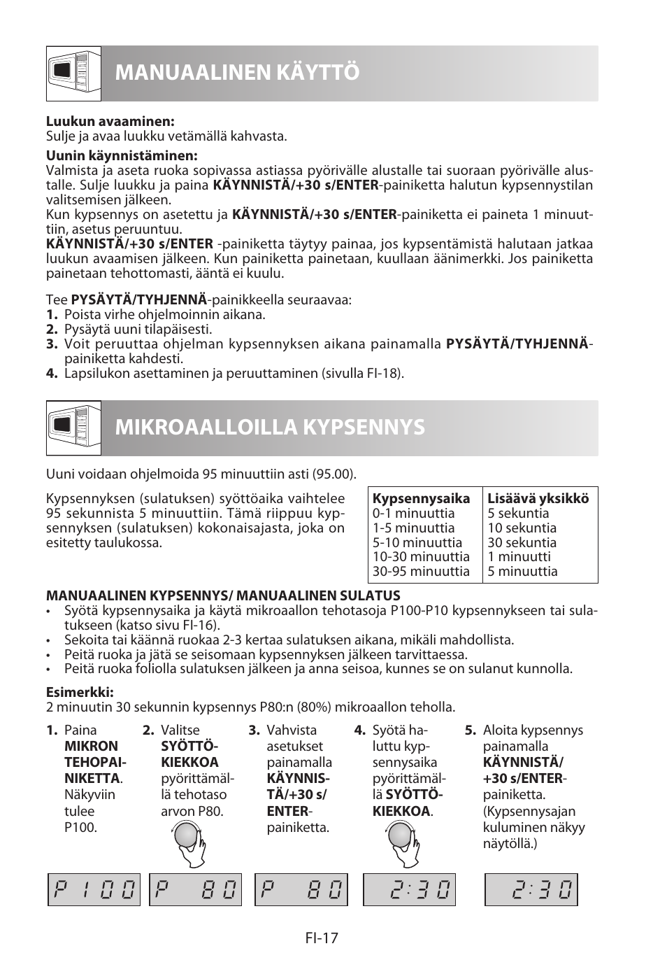 Manuaalinen käyttö mikroaalloilla kypsennys | Sharp R-222STWE Four à micro-ondes solo User Manual | Page 212 / 246