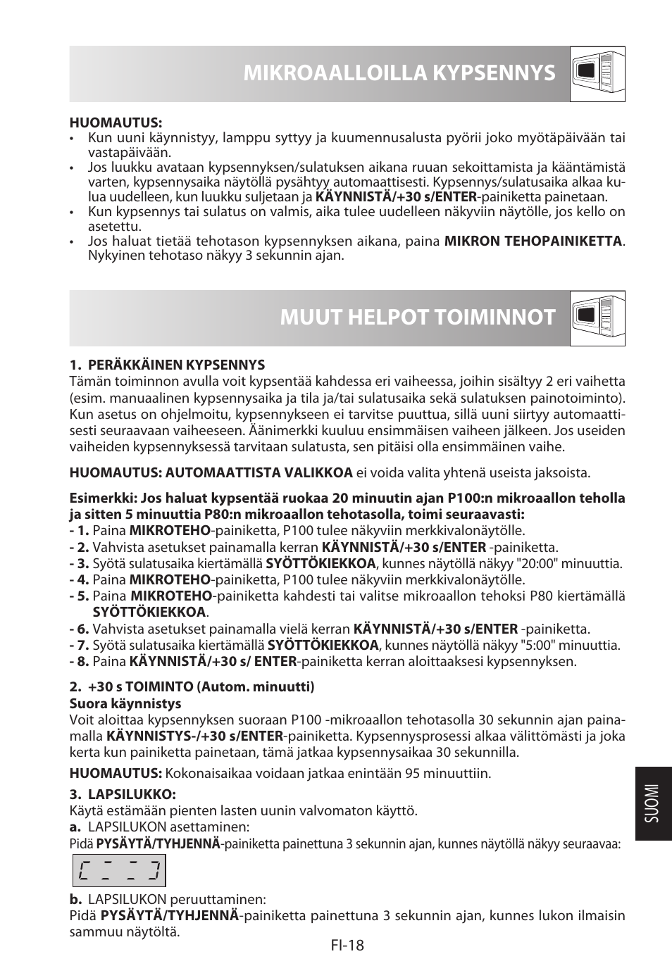 Mikroaalloilla kypsennys, Muut helpot toiminnot, Suomi | Sharp R-222STWE Four à micro-ondes solo User Manual | Page 213 / 246