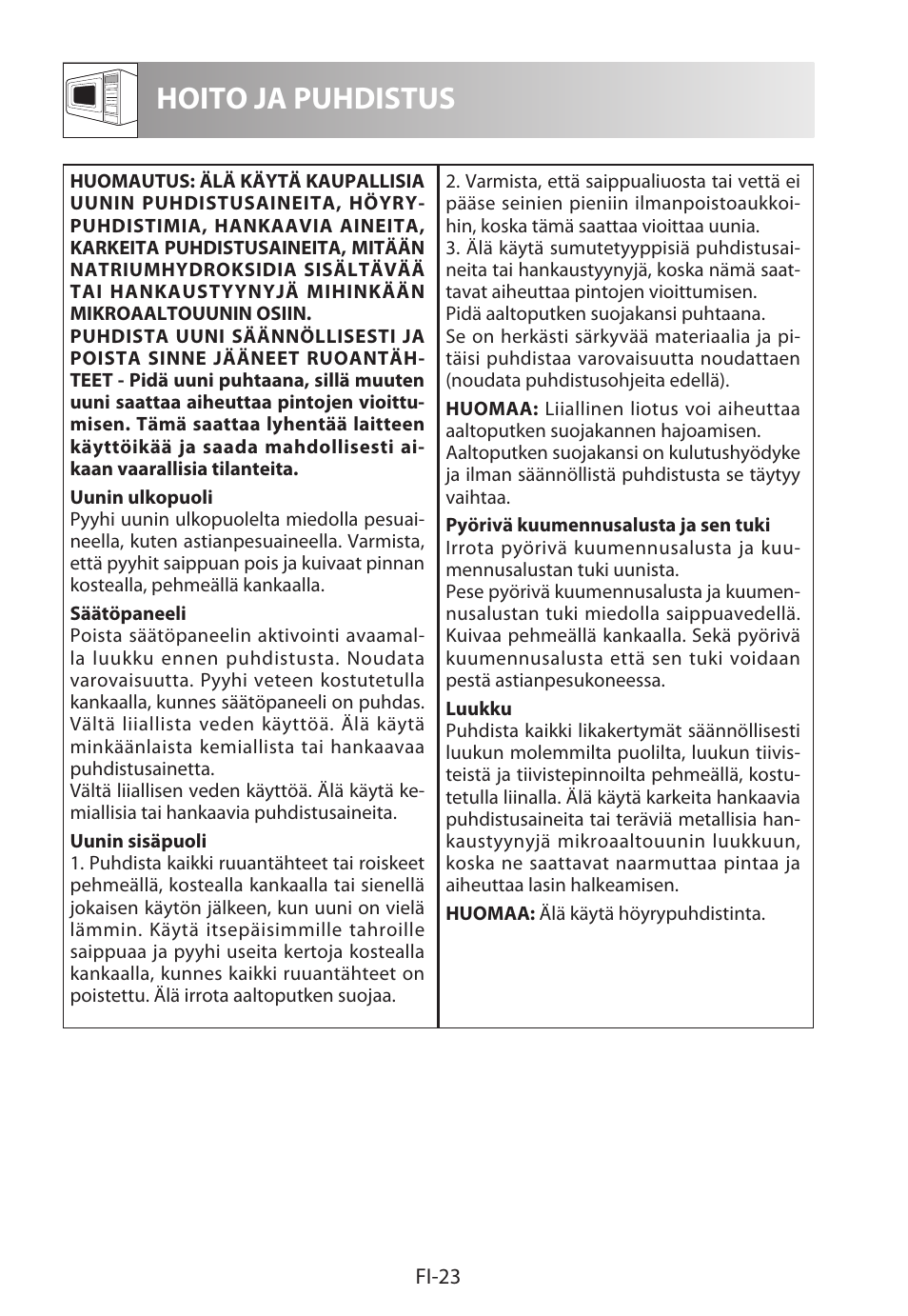 Hoito ja puhdistus | Sharp R-222STWE Four à micro-ondes solo User Manual | Page 218 / 246