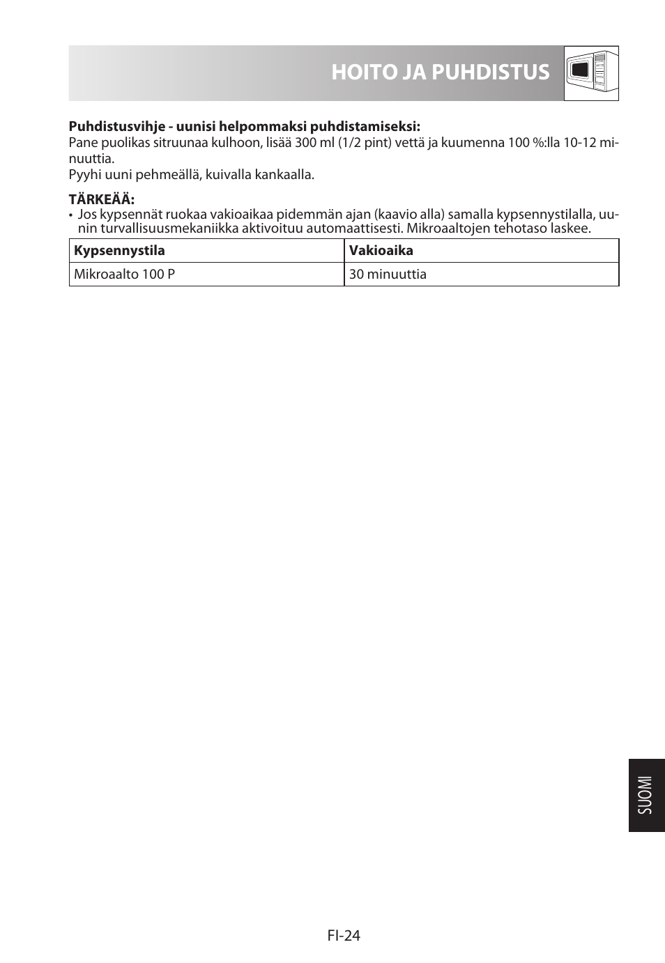 Hoito ja puhdistus, Suomi | Sharp R-222STWE Four à micro-ondes solo User Manual | Page 219 / 246