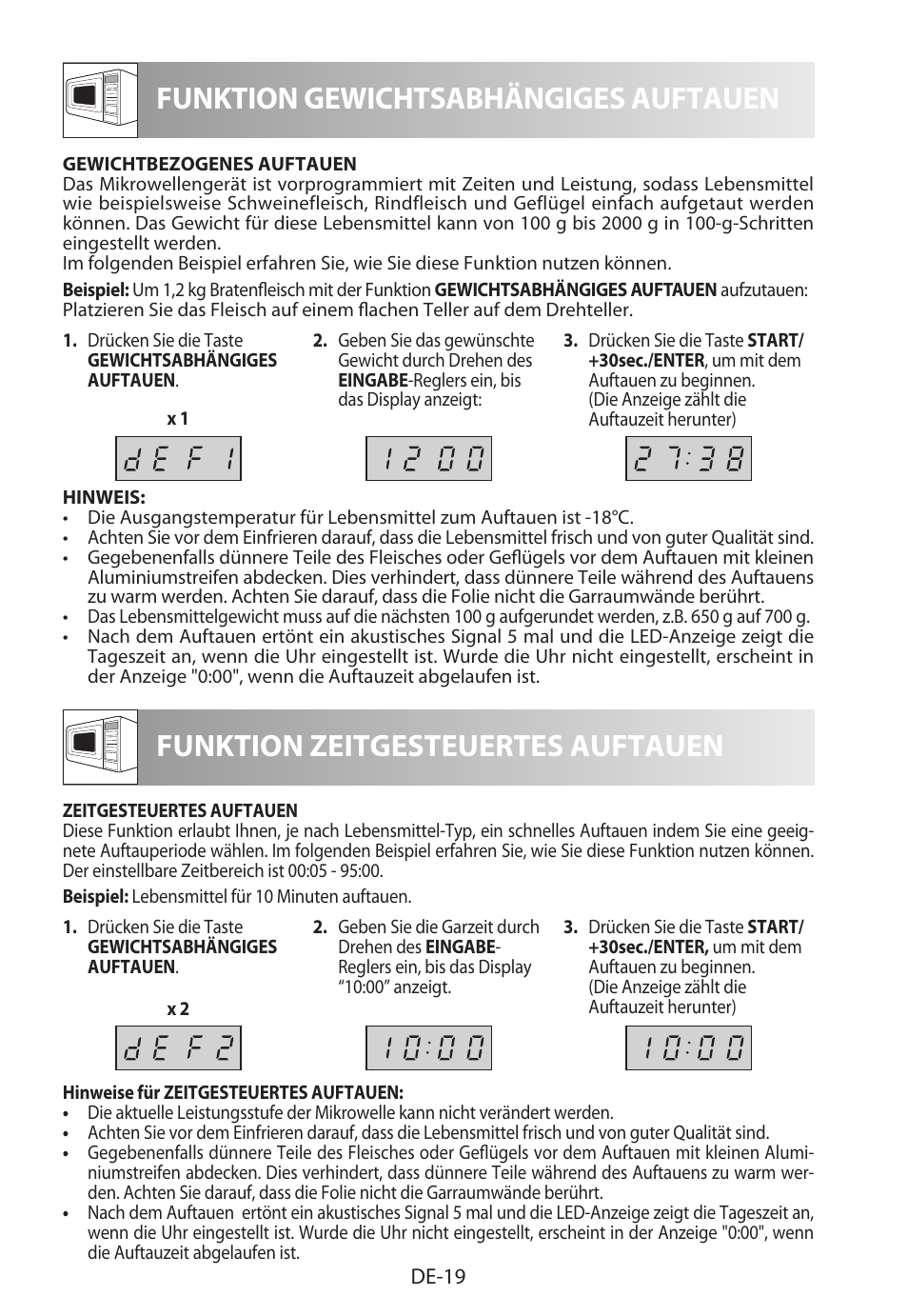 Funktion gewichtsabhängiges auftauen, Funktion zeitgesteuertes auftauen | Sharp R-222STWE Four à micro-ondes solo User Manual | Page 22 / 246