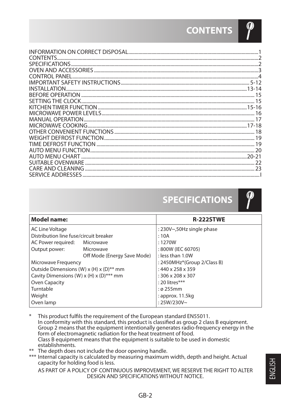 Specifications contents, English, Gb-2 | Sharp R-222STWE Four à micro-ondes solo User Manual | Page 221 / 246