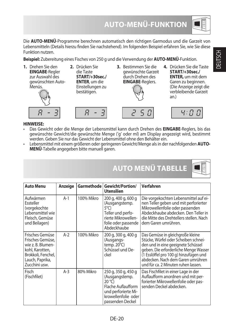 Auto-menü-funktion, Auto menü tabelle, Deutsch | Sharp R-222STWE Four à micro-ondes solo User Manual | Page 23 / 246