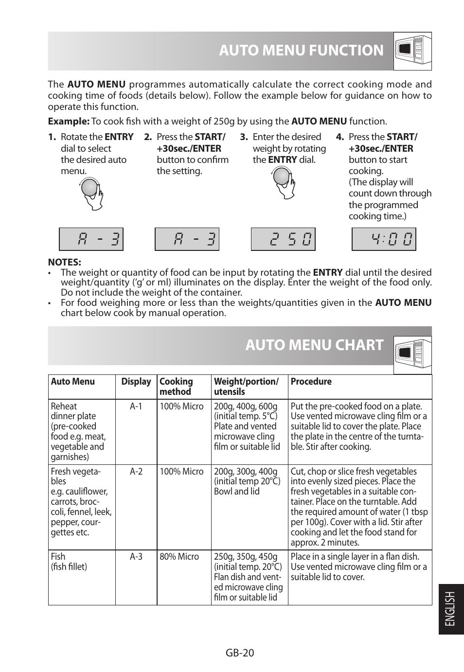 Auto menu function, Auto menu chart, English | Sharp R-222STWE Four à micro-ondes solo User Manual | Page 239 / 246