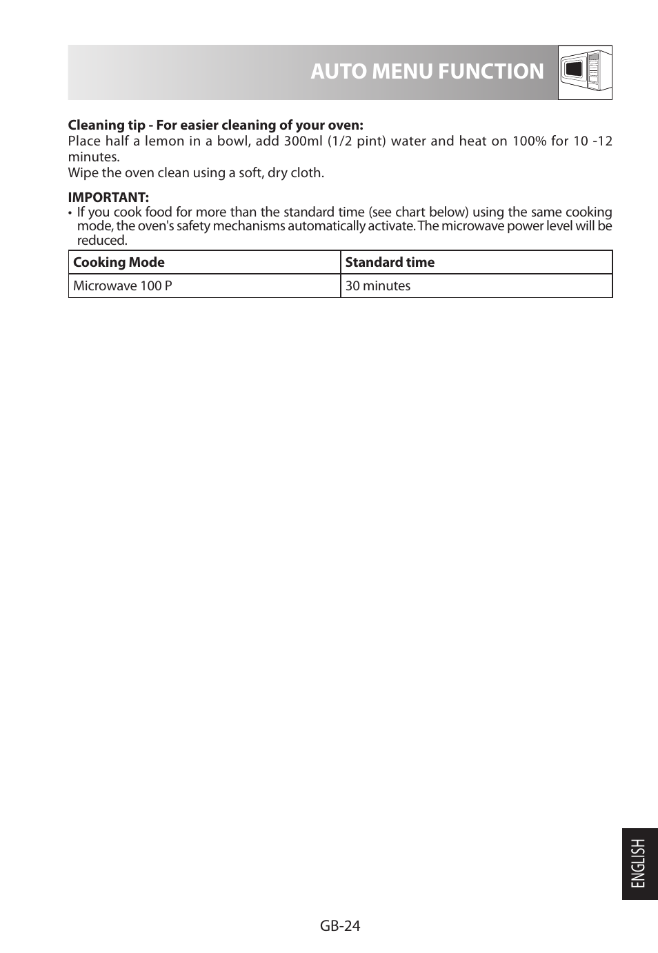 Auto menu function, English | Sharp R-222STWE Four à micro-ondes solo User Manual | Page 243 / 246