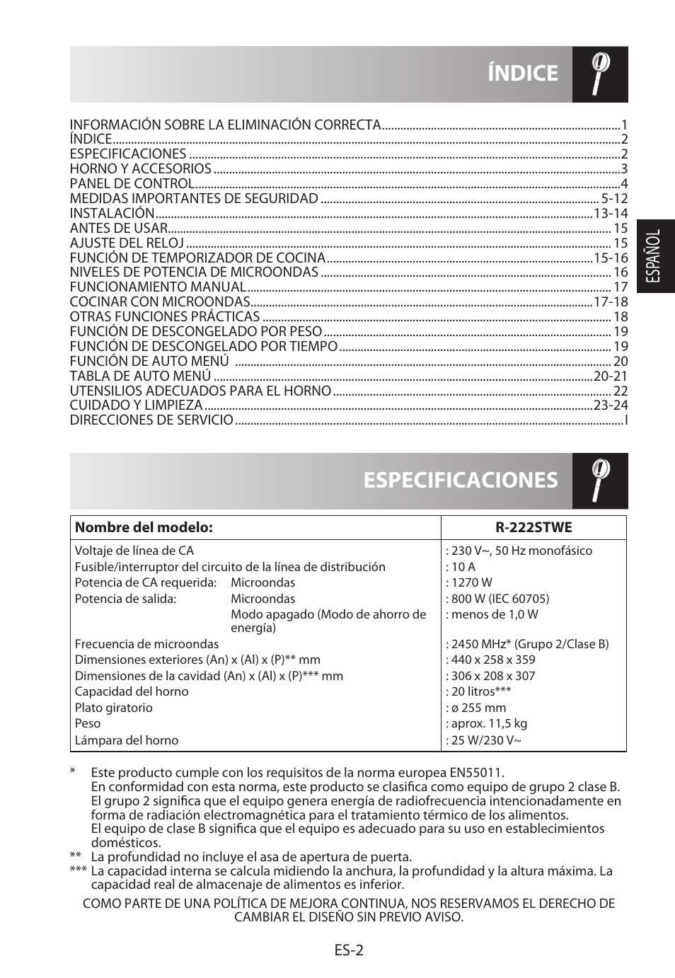 Especificaciones índice, Esp añol | Sharp R-222STWE Four à micro-ondes solo User Manual | Page 29 / 246