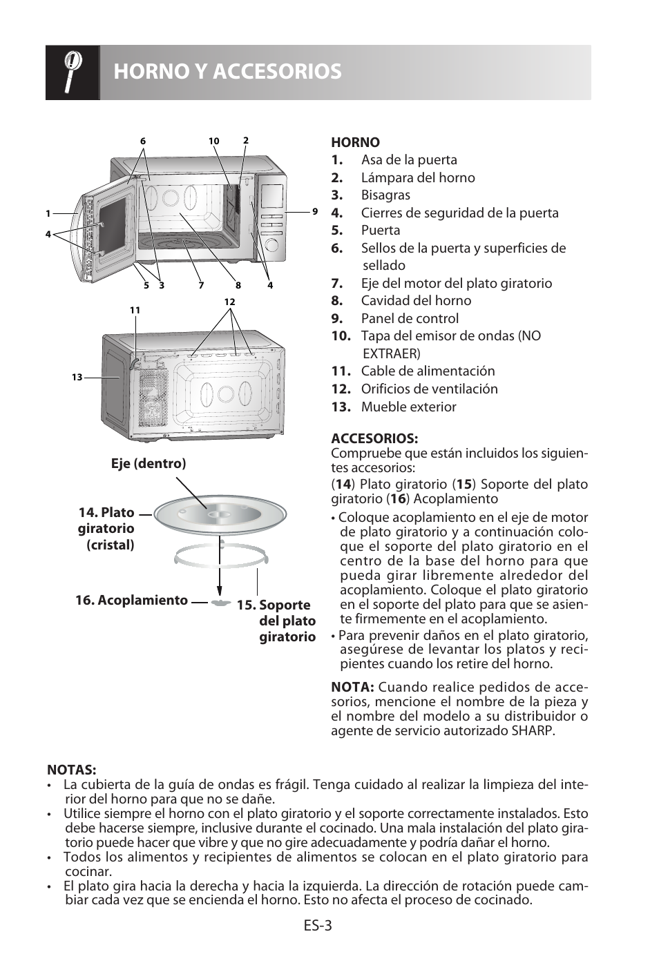 Horno y accesorios, Es-3 | Sharp R-222STWE Four à micro-ondes solo User Manual | Page 30 / 246