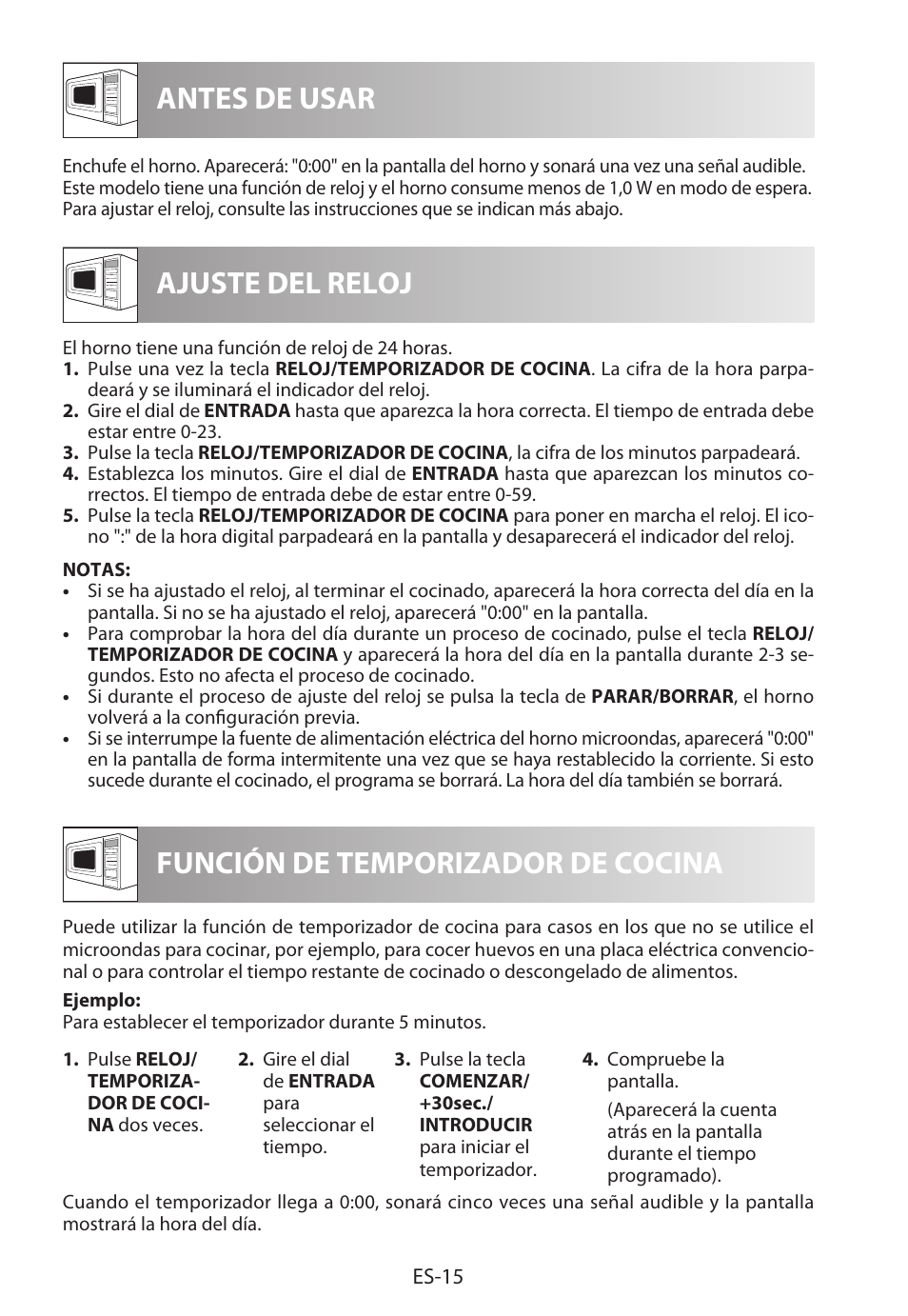 Antes de usar ajuste del reloj, Función de temporizador de cocina | Sharp R-222STWE Four à micro-ondes solo User Manual | Page 42 / 246