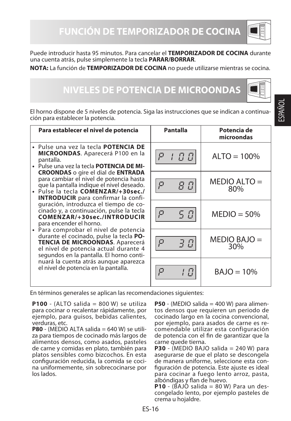 Niveles de potencia de microondas, Función de temporizador de cocina | Sharp R-222STWE Four à micro-ondes solo User Manual | Page 43 / 246