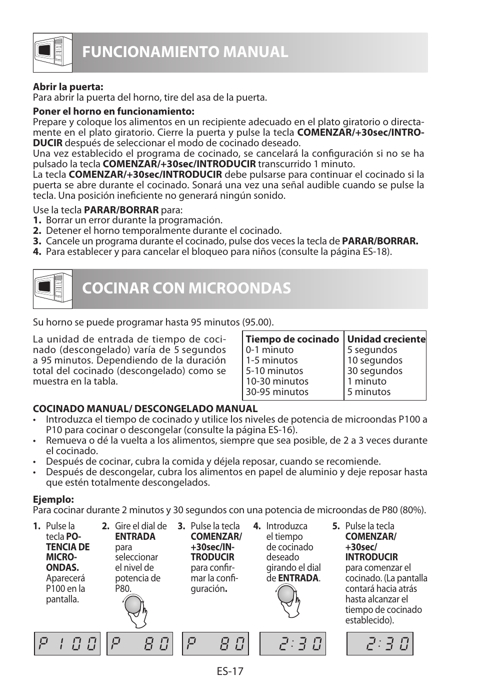 Funcionamiento manual cocinar con microondas | Sharp R-222STWE Four à micro-ondes solo User Manual | Page 44 / 246