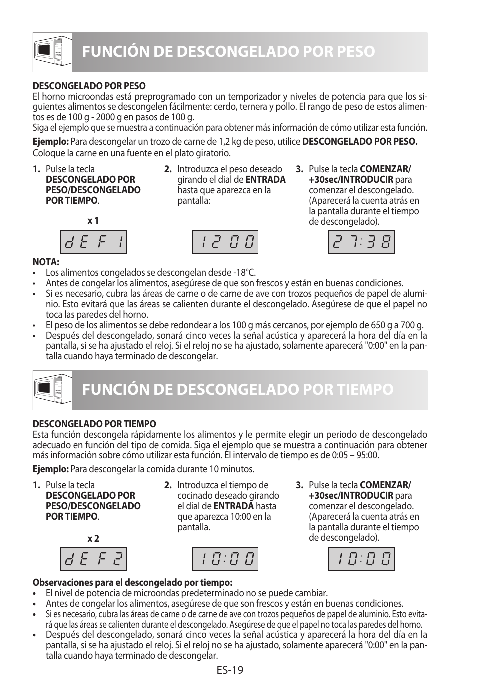 Función de descongelado por peso, Función de descongelado por tiempo | Sharp R-222STWE Four à micro-ondes solo User Manual | Page 46 / 246