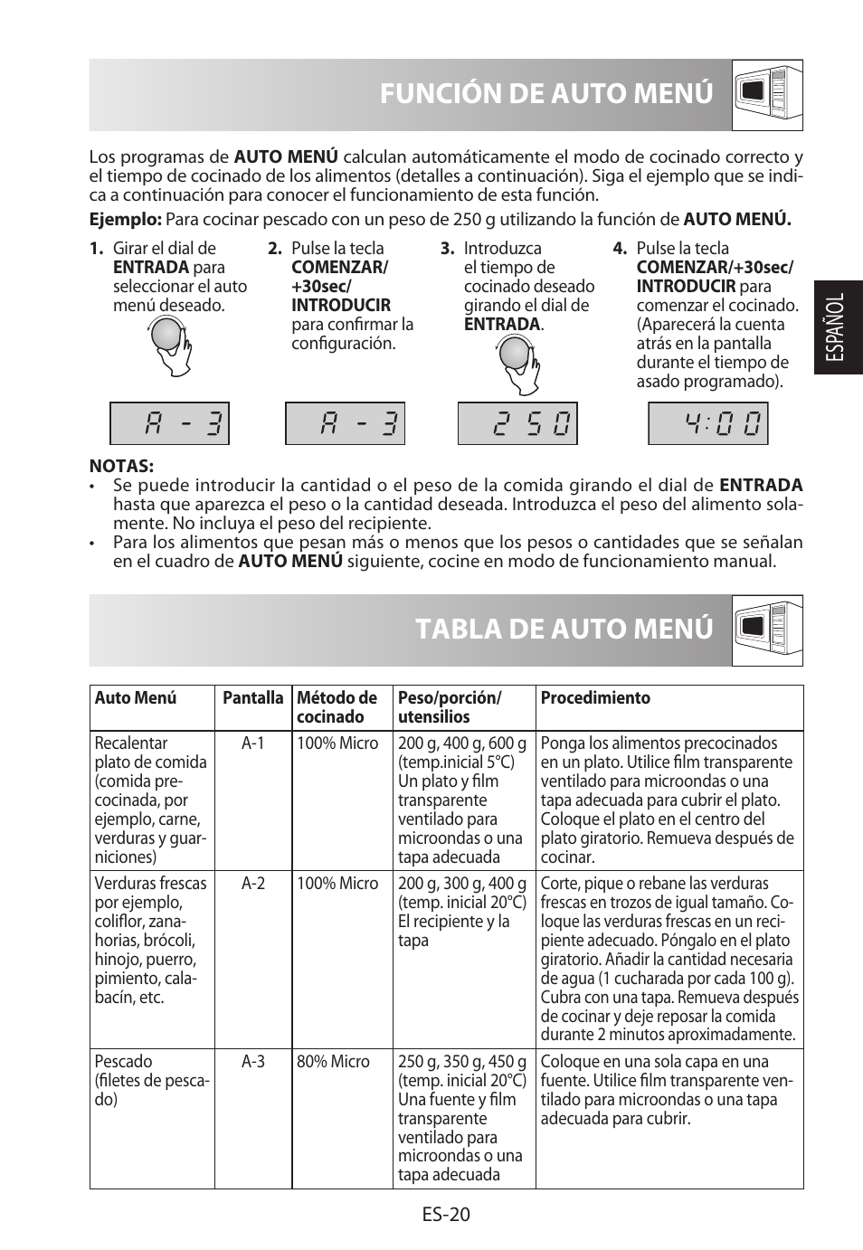 Función de auto menú, Tabla de auto menú, Esp añol | Sharp R-222STWE Four à micro-ondes solo User Manual | Page 47 / 246