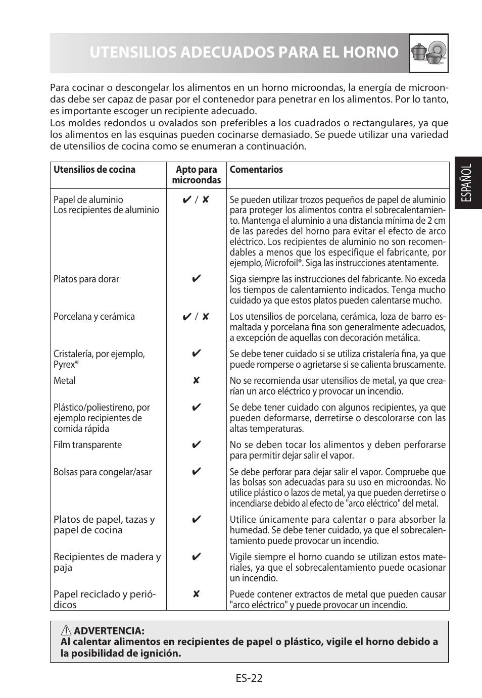 Utensilios adecuados para el horno, Esp añol | Sharp R-222STWE Four à micro-ondes solo User Manual | Page 49 / 246