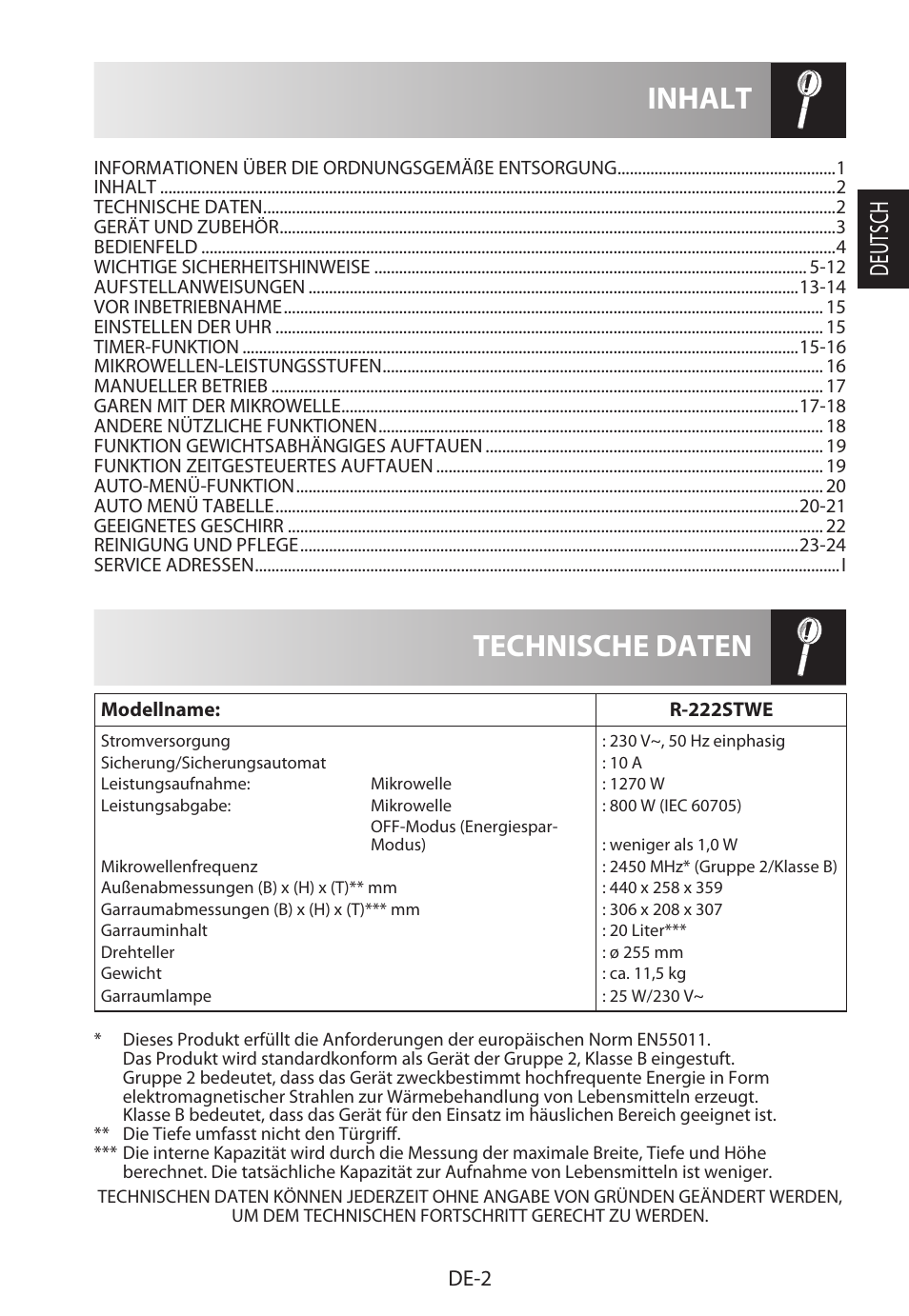 Technische daten inhalt, Deutsch | Sharp R-222STWE Four à micro-ondes solo User Manual | Page 5 / 246