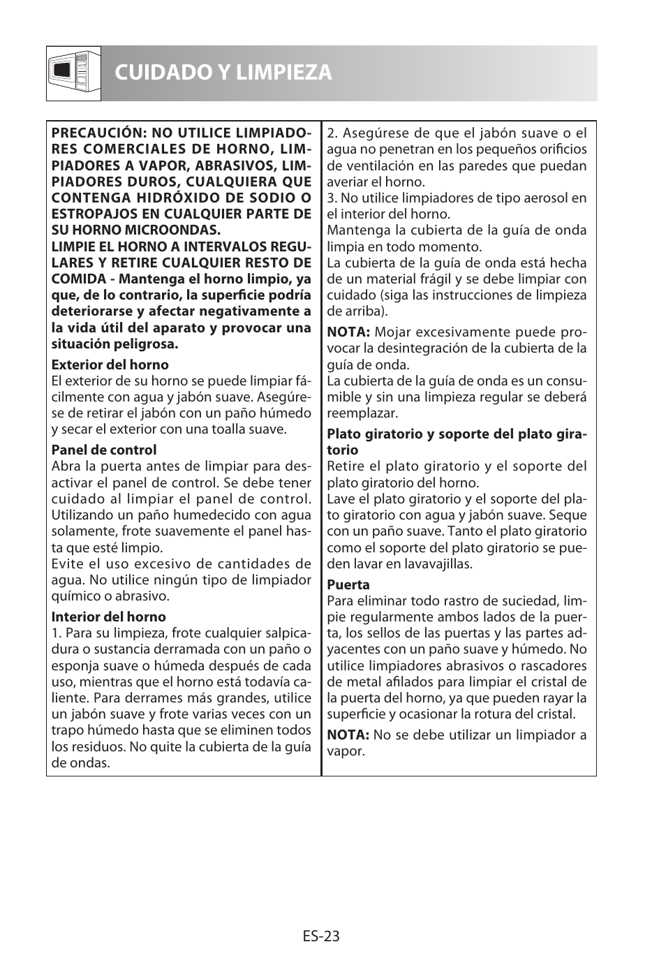 Cuidado y limpieza | Sharp R-222STWE Four à micro-ondes solo User Manual | Page 50 / 246