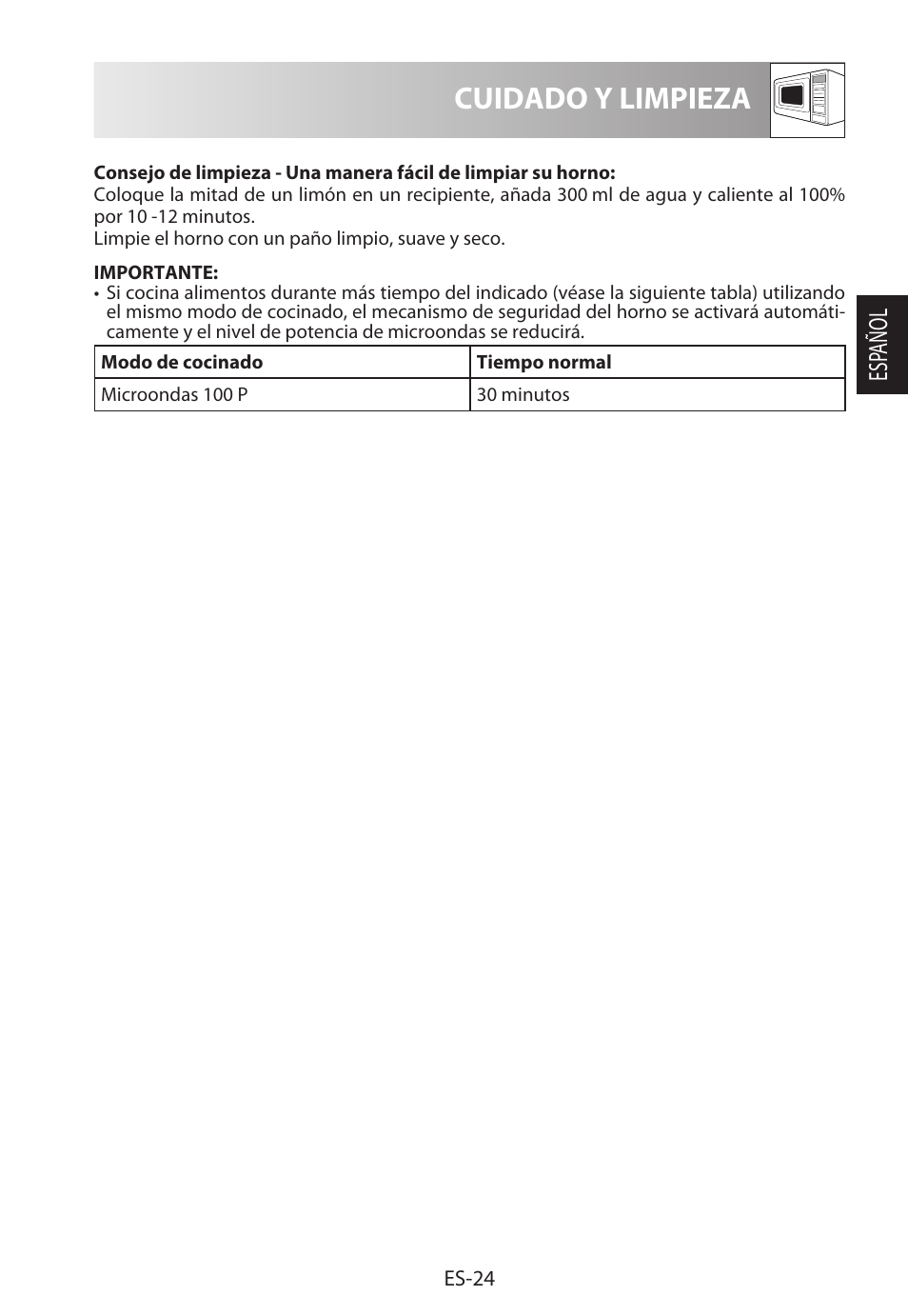 Cuidado y limpieza, Esp añol | Sharp R-222STWE Four à micro-ondes solo User Manual | Page 51 / 246