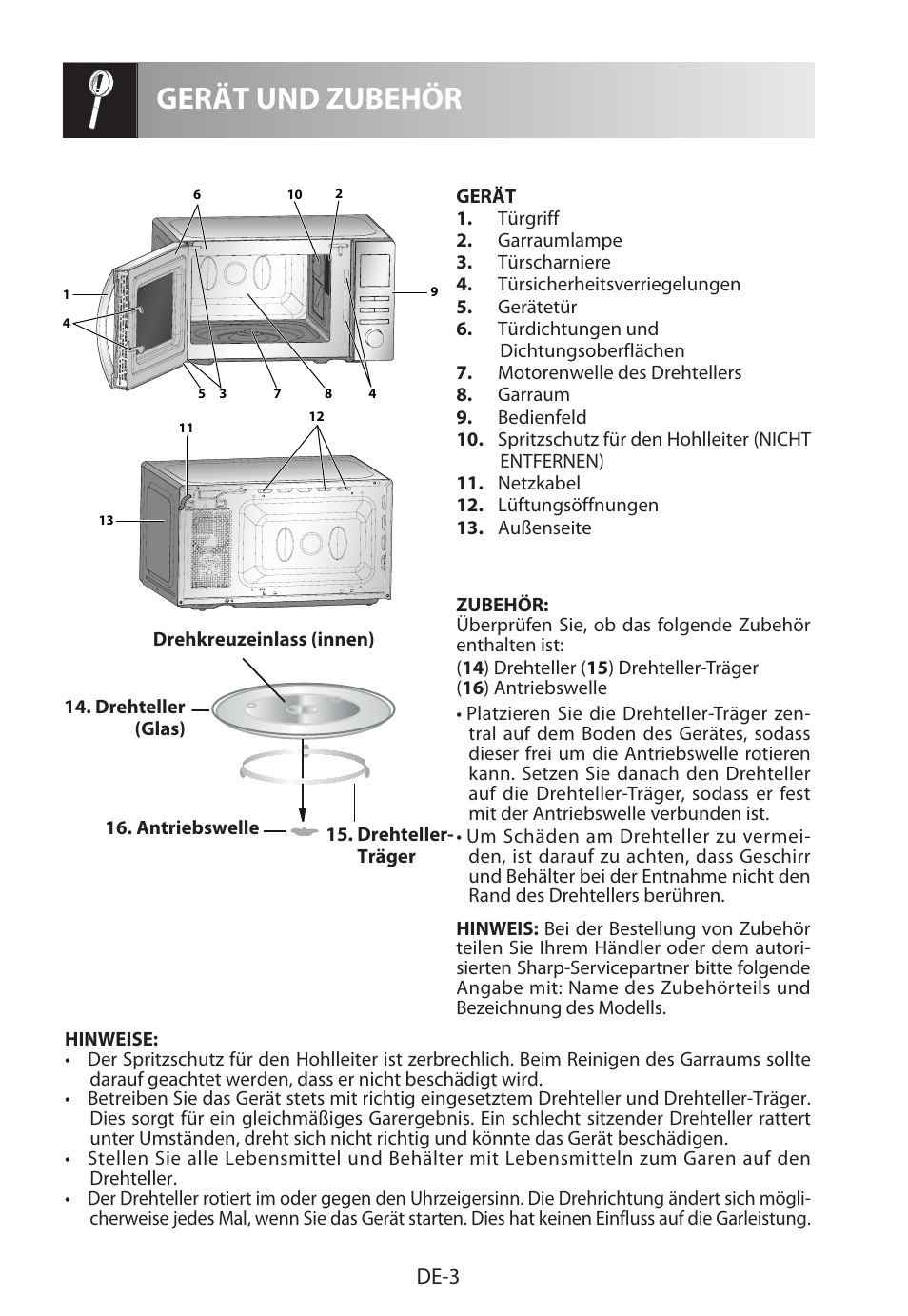Gerät und zubehör, De-3 | Sharp R-222STWE Four à micro-ondes solo User Manual | Page 6 / 246