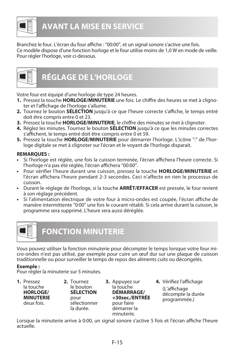 Avant la mise en service réglage de l'horloge, Fonction minuterie | Sharp R-222STWE Four à micro-ondes solo User Manual | Page 66 / 246
