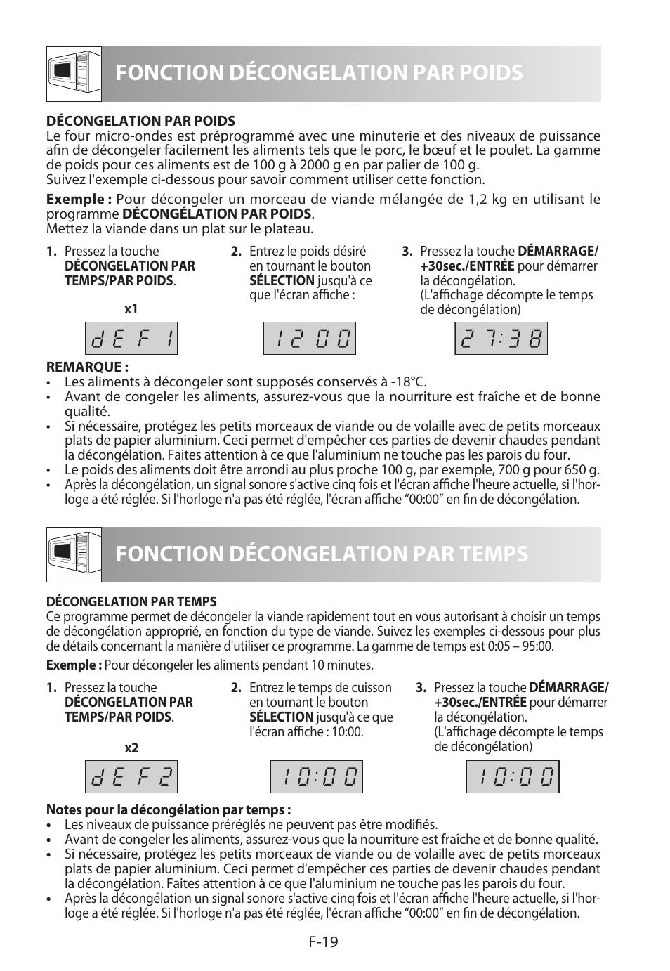 Fonction décongelation par poids, Fonction décongelation par temps | Sharp R-222STWE Four à micro-ondes solo User Manual | Page 70 / 246