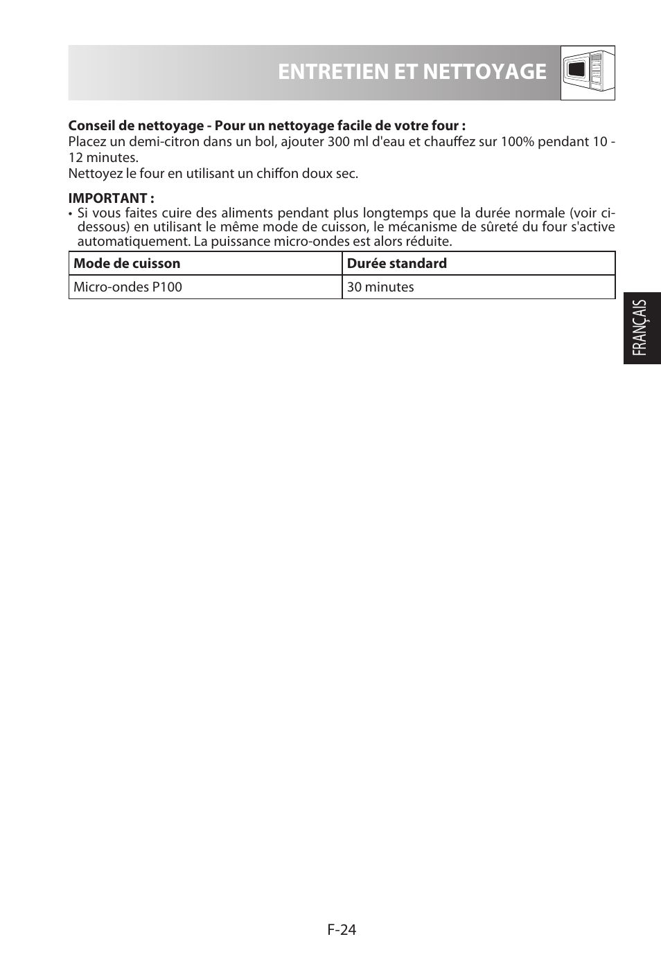 Entretien et nettoyage, Français | Sharp R-222STWE Four à micro-ondes solo User Manual | Page 75 / 246