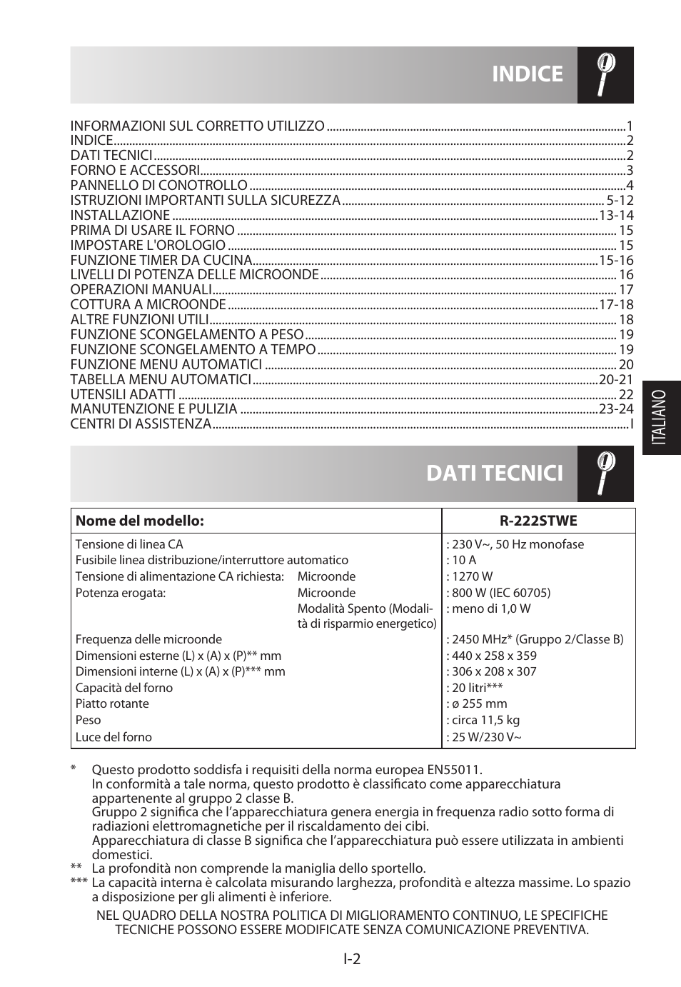 Dati tecnici indice, It aliano | Sharp R-222STWE Four à micro-ondes solo User Manual | Page 77 / 246