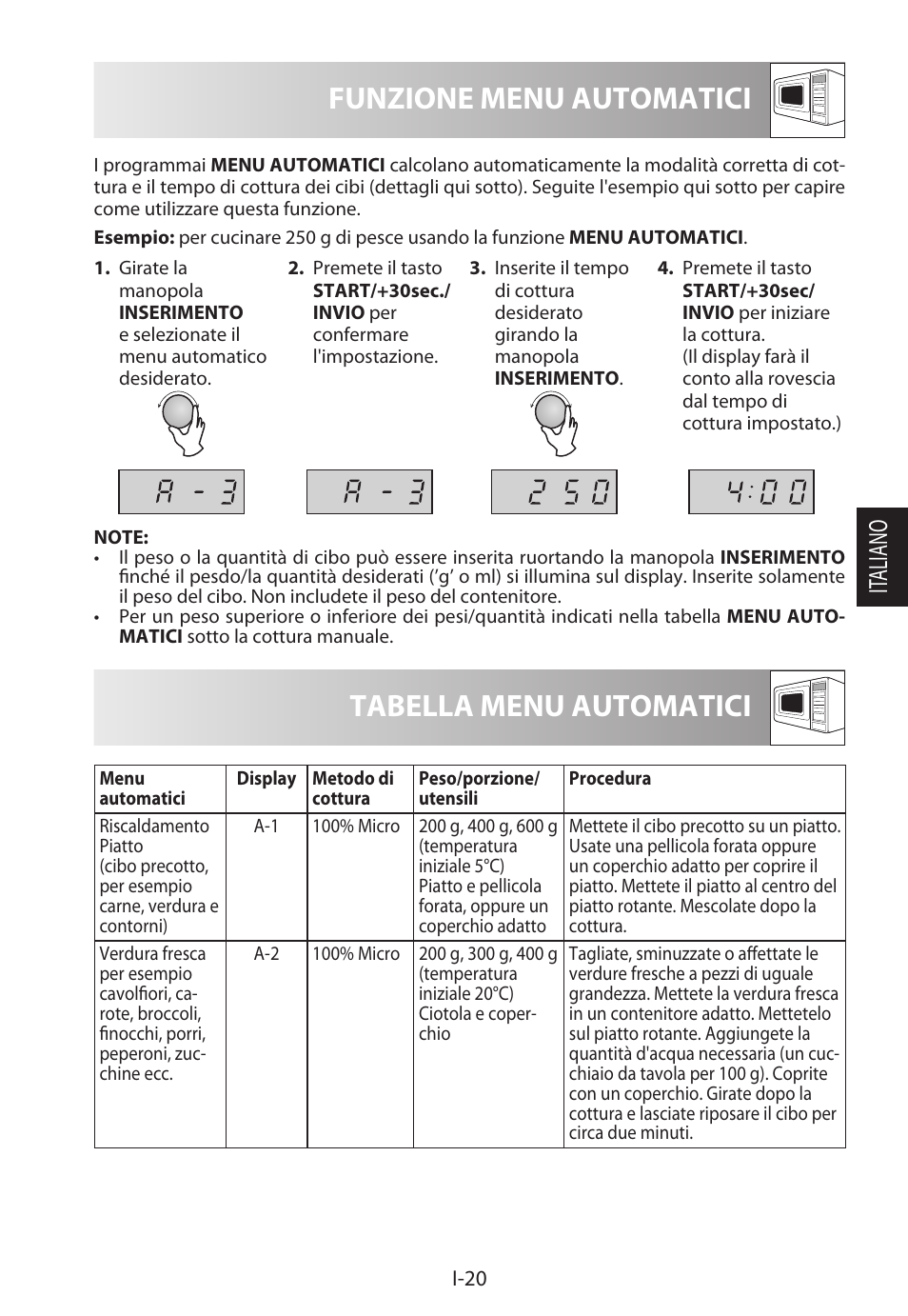Funzione menu automatici, Tabella menu automatici, It aliano | Sharp R-222STWE Four à micro-ondes solo User Manual | Page 95 / 246