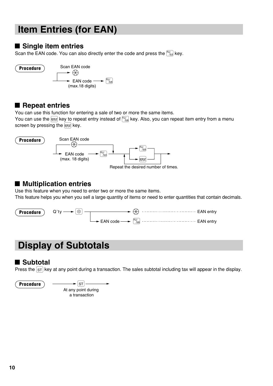 Display of subtotals, Item entries (for ean), Ès s ä | Single item entries, Repeat entries, Multiplication entries, Subtotal | Sharp UP-810F User Manual | Page 12 / 80