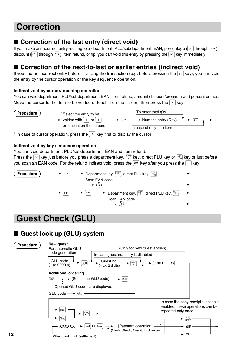 Guest check (glu), Correction, If a a ˝ √ ß | E© o, Sä ~ f, Correction of the last entry (direct void), Guest look up (glu) system | Sharp UP-810F User Manual | Page 14 / 80
