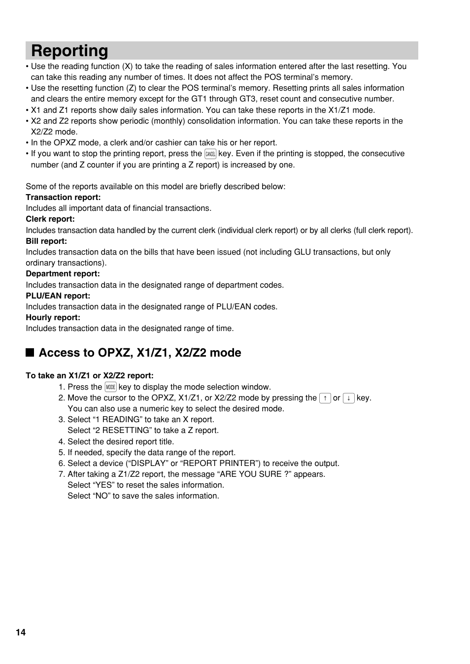 Reporting, Access to opxz, x1/z1, x2/z2 mode | Sharp UP-810F User Manual | Page 16 / 80