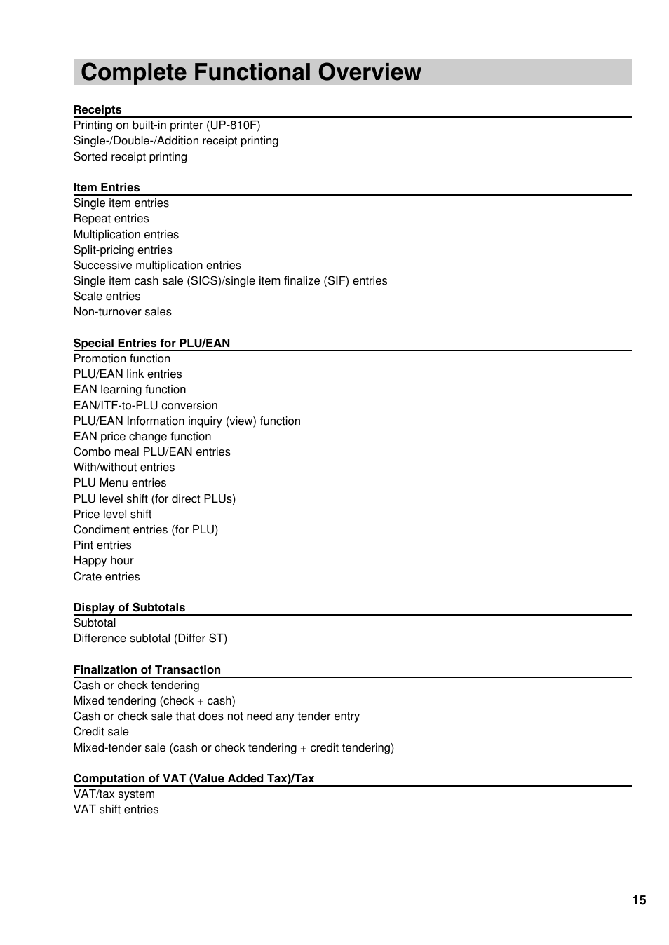 Complete functional overview | Sharp UP-810F User Manual | Page 17 / 80