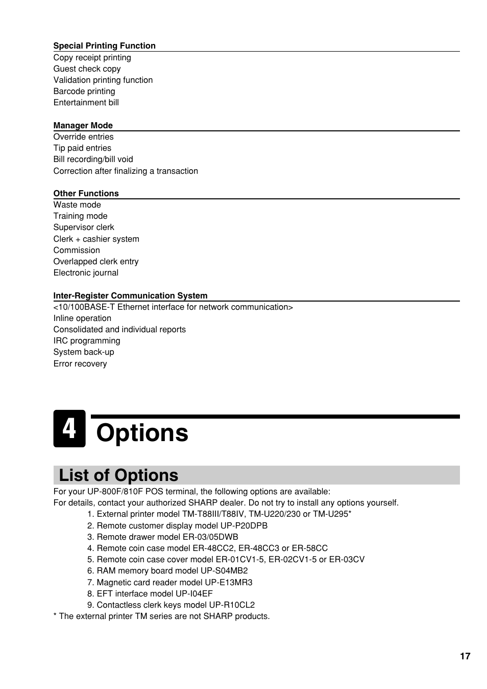 Options, List of options | Sharp UP-810F User Manual | Page 19 / 80