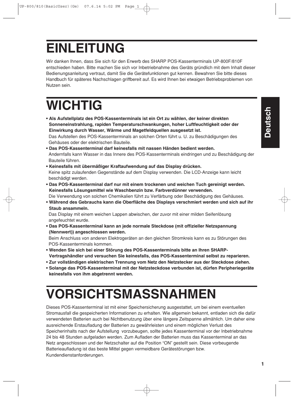 Einleitung, Wichtig, Vorsichtsmassnahmen | Deutsch | Sharp UP-810F User Manual | Page 21 / 80