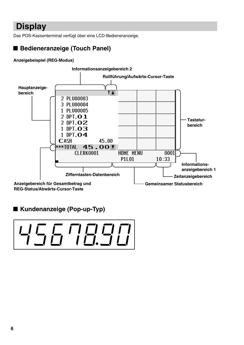 Display, Bedieneranzeige (touch panel), Kundenanzeige (pop-up-typ) | Sharp UP-810F User Manual | Page 26 / 80