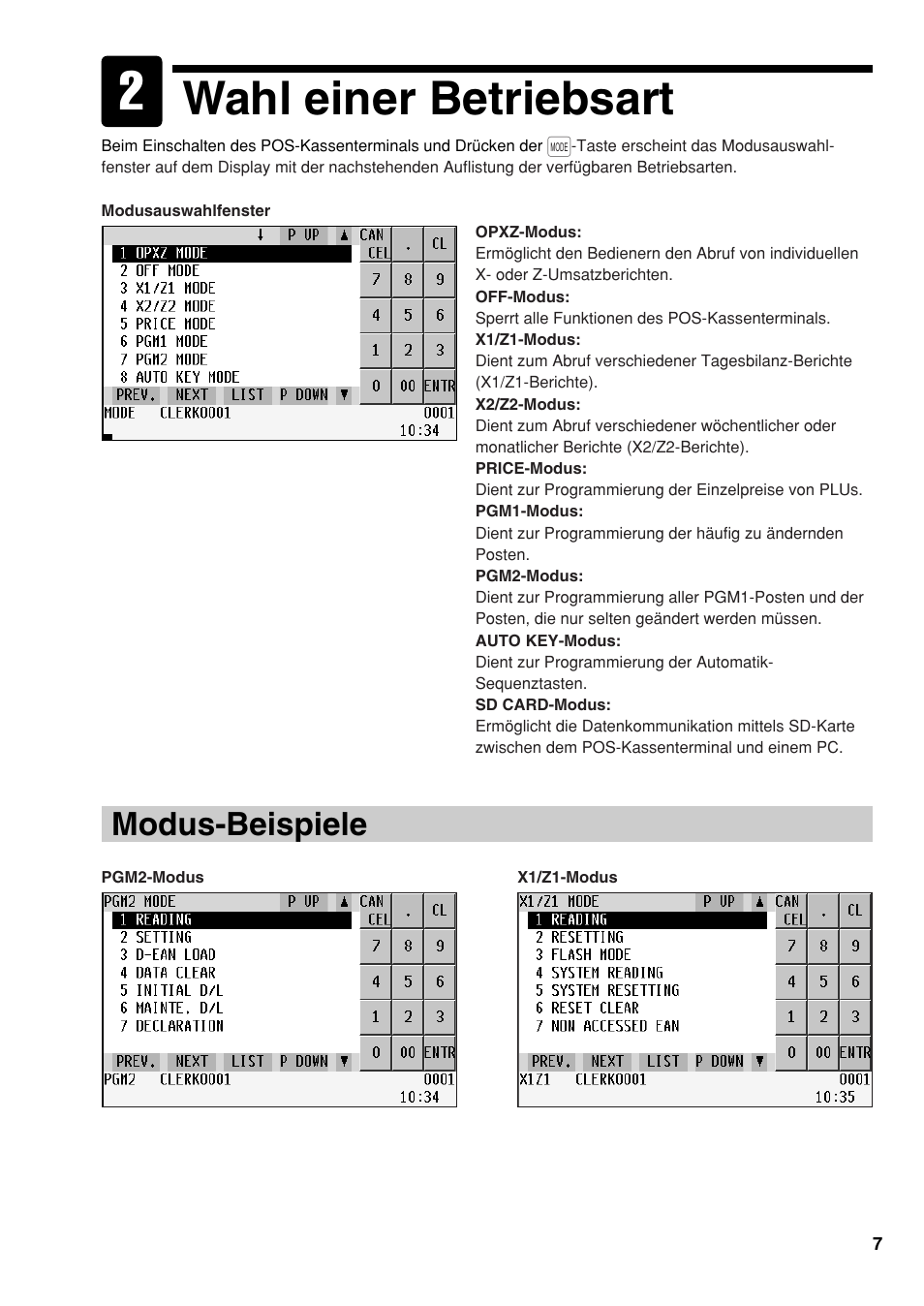 Wahl einer betriebsart, Modus-beispiele | Sharp UP-810F User Manual | Page 27 / 80