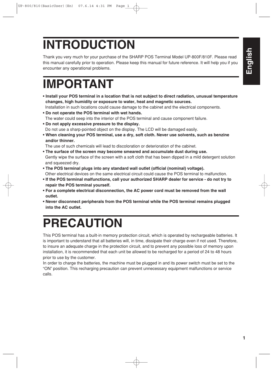 Introduction, Important, Precaution | English | Sharp UP-810F User Manual | Page 3 / 80