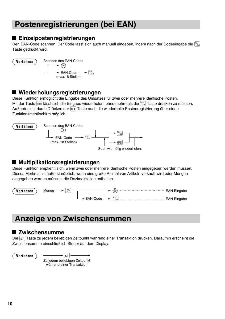 Anzeige von zwischensummen, Postenregistrierungen (bei ean), Ès s ä | Einzelpostenregistrierungen, Wiederholungsregistrierungen, Multiplikationsregistrierungen, Zwischensumme | Sharp UP-810F User Manual | Page 30 / 80