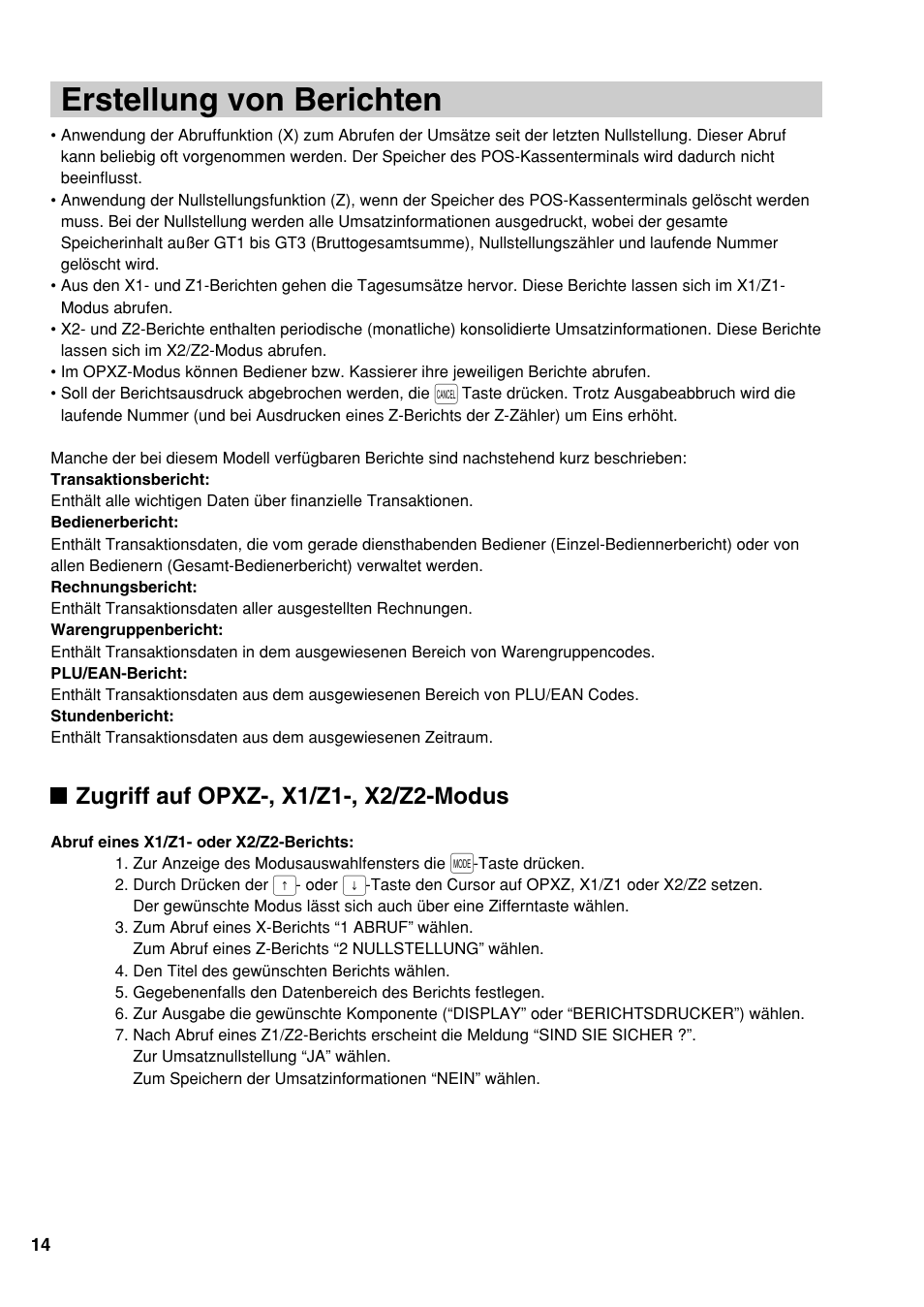 Erstellung von berichten, Zugriff auf opxz-, x1/z1-, x2/z2-modus | Sharp UP-810F User Manual | Page 34 / 80